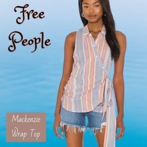 FREE PEOPLE Mackenzie Tie Waist Elastic Back Striped Button-Down Wrap Top NWT/LG